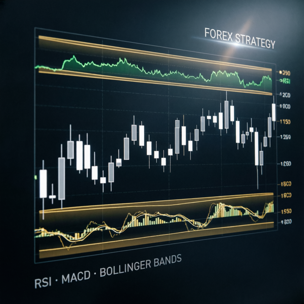 Forex trading strategy chart with RSI, MACD, and Bollinger Bands indicators overlay