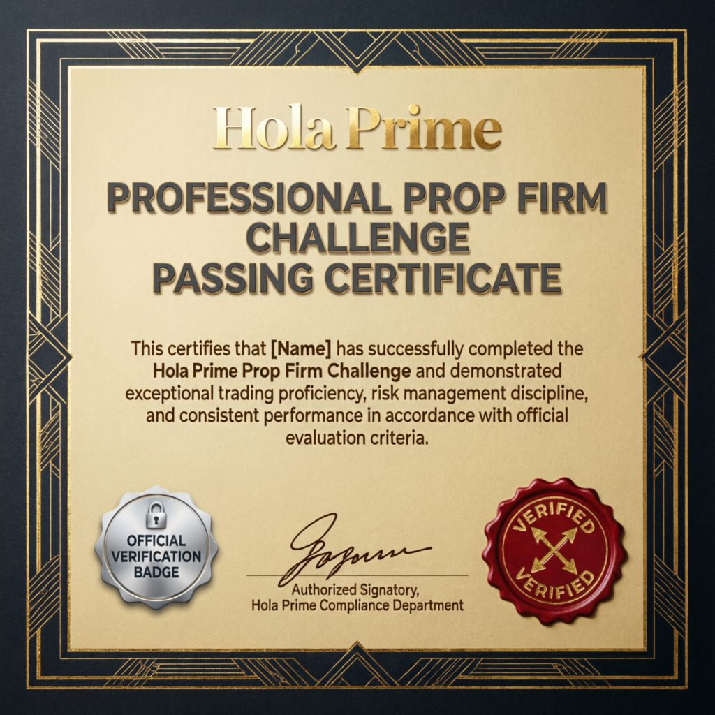 Official Hola Prime prop firm challenge passing certificate from PFM Capitals