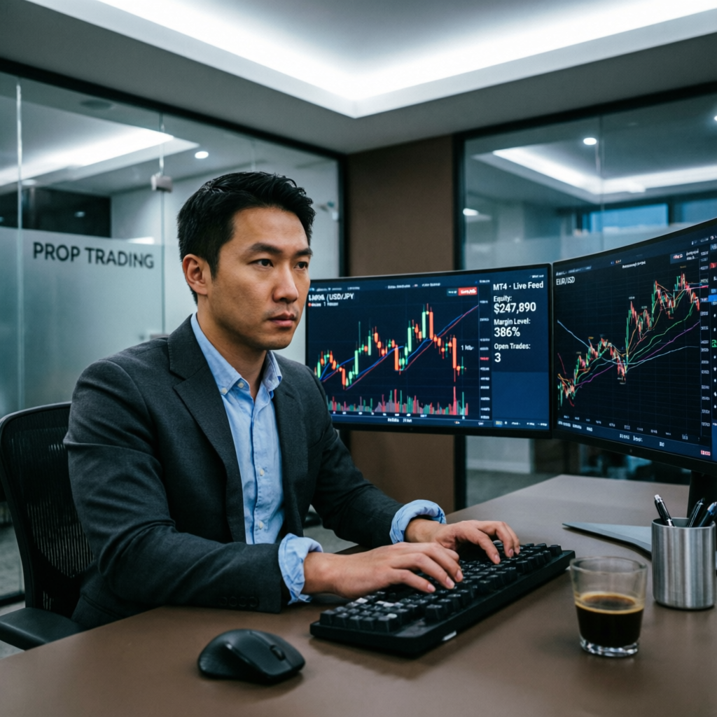 Professional trader working with multiple monitors displaying forex charts - PFM Capitals prop firms passing service