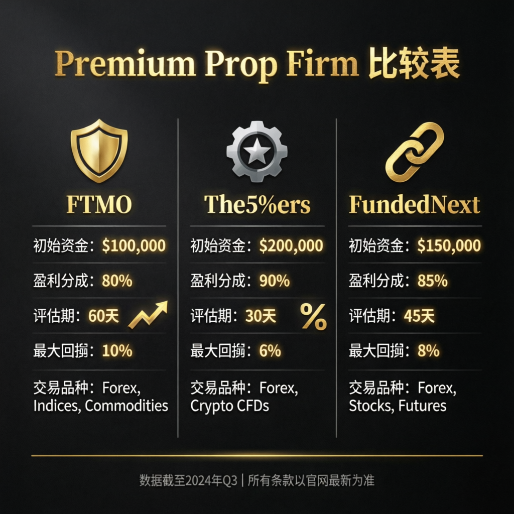 Premium Prop Firm Comparison Table showing FTMO, The5%ers, and FundedNext