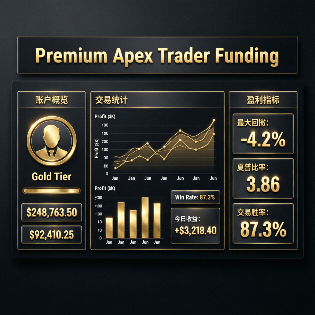 Premium Apex Trader Funding Dashboard showing account statistics and profit metrics