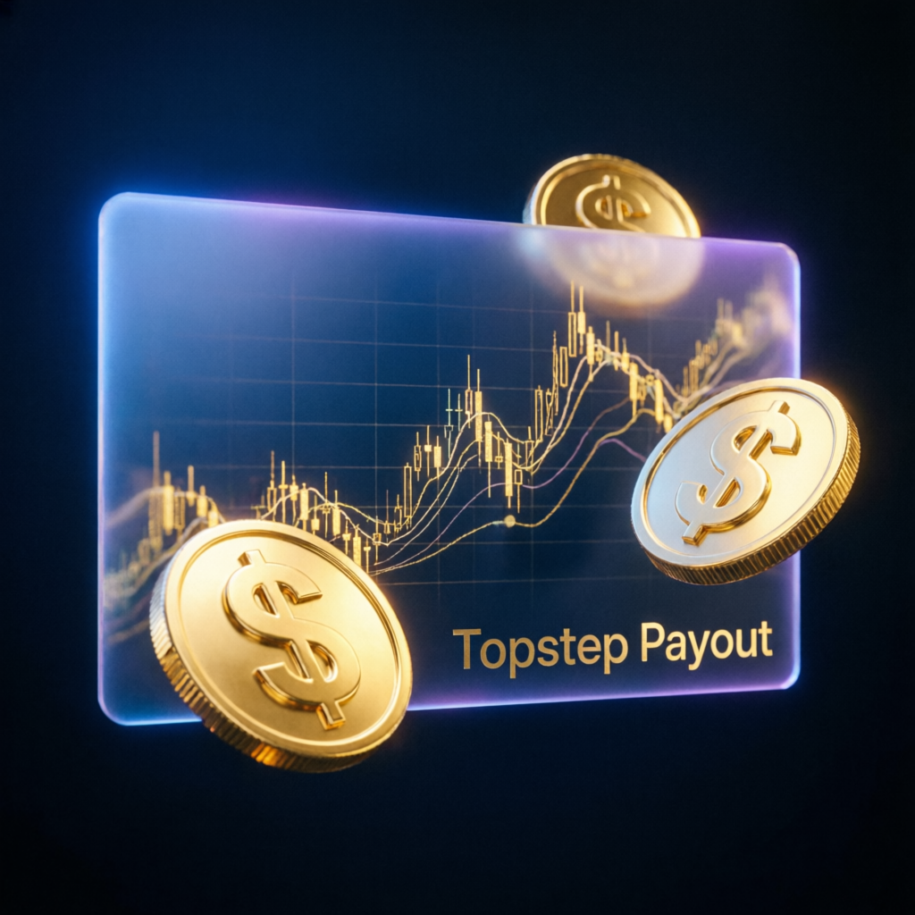 Topstep payout concept with golden coins and trading charts