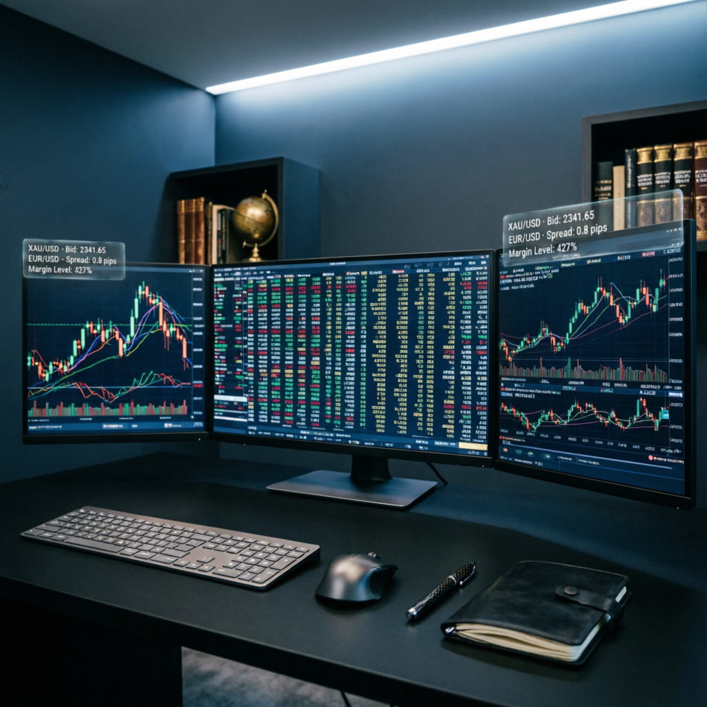 Professional futures trading workspace with multiple monitors showing Topstep trading charts