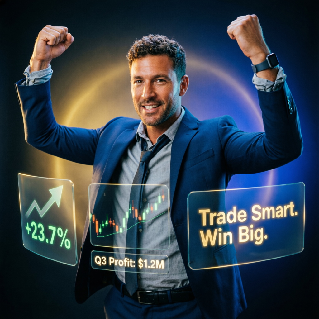 Successful trader celebrating profits with trading charts