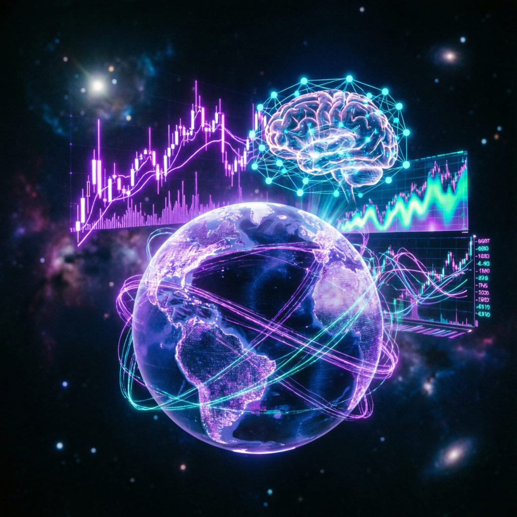 AI brain analyzing global trading markets and strategies