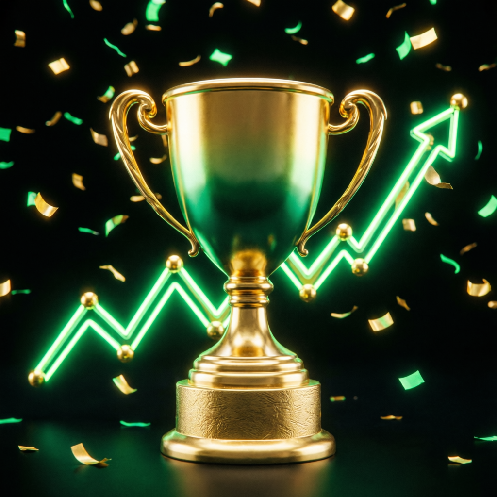 Funded account success with trophy and profit growth chart