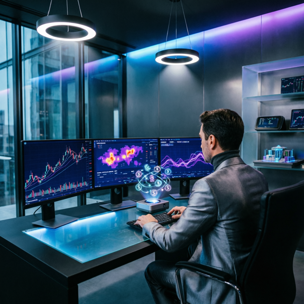 Professional forex trader analyzing Topstep charts on multiple monitors