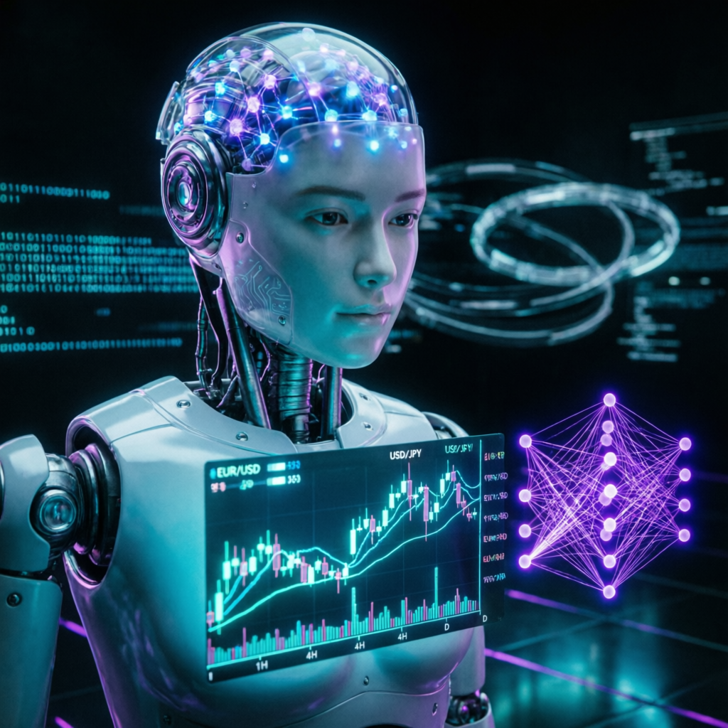 AI robot analyzing forex charts for Topstep prop firm trading