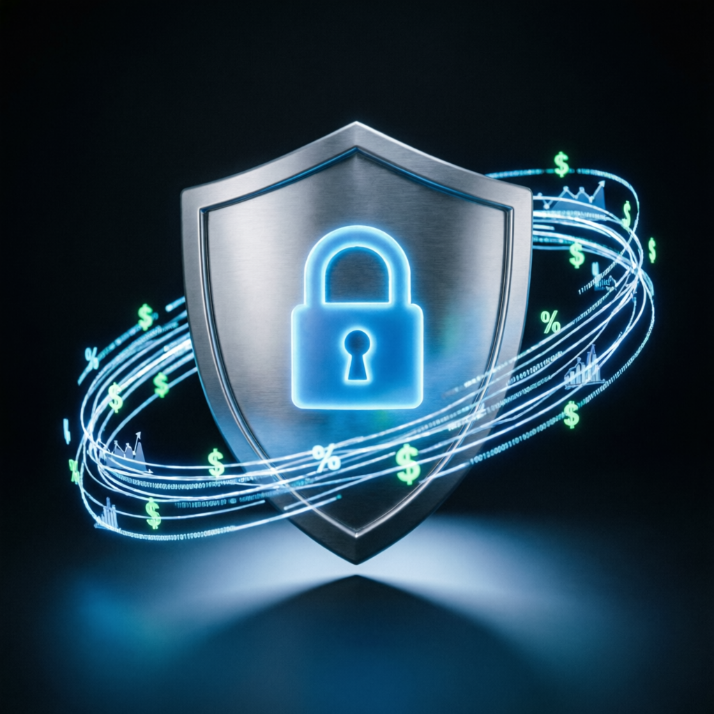 Security shield protecting financial data representing risk management