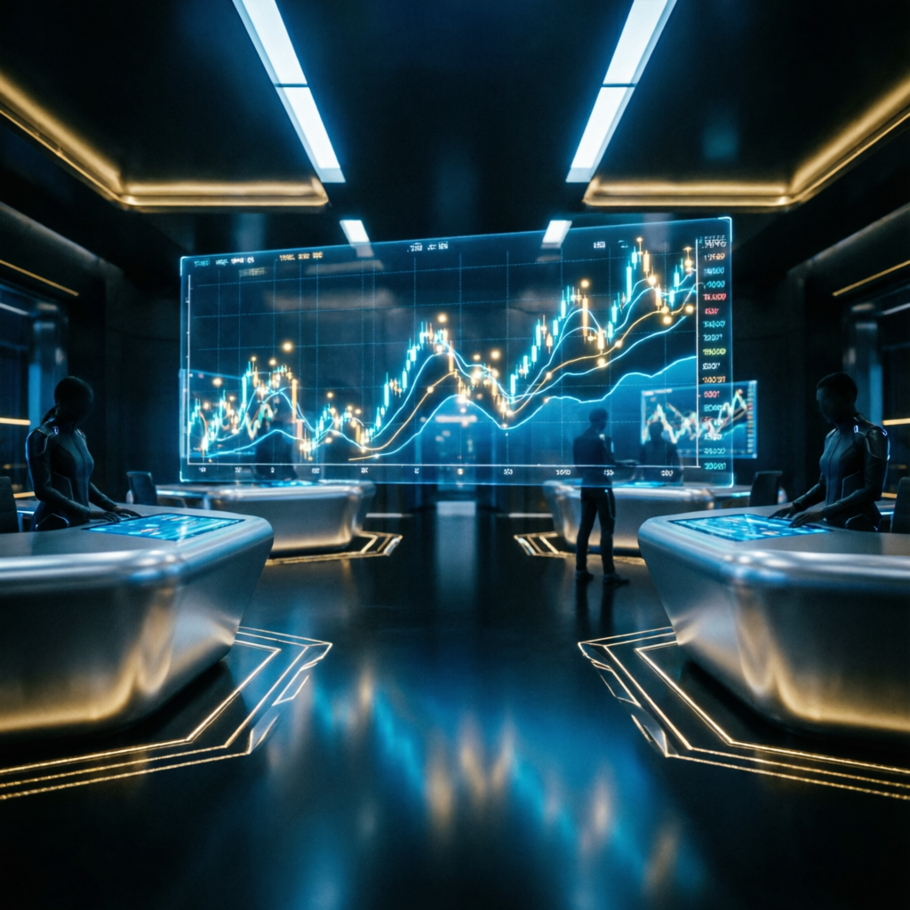 Futuristic trading floor with holographic charts and advanced technology