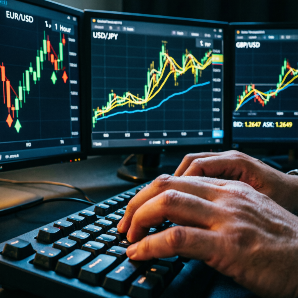 Professional trader hands analyzing forex charts on multiple monitors
