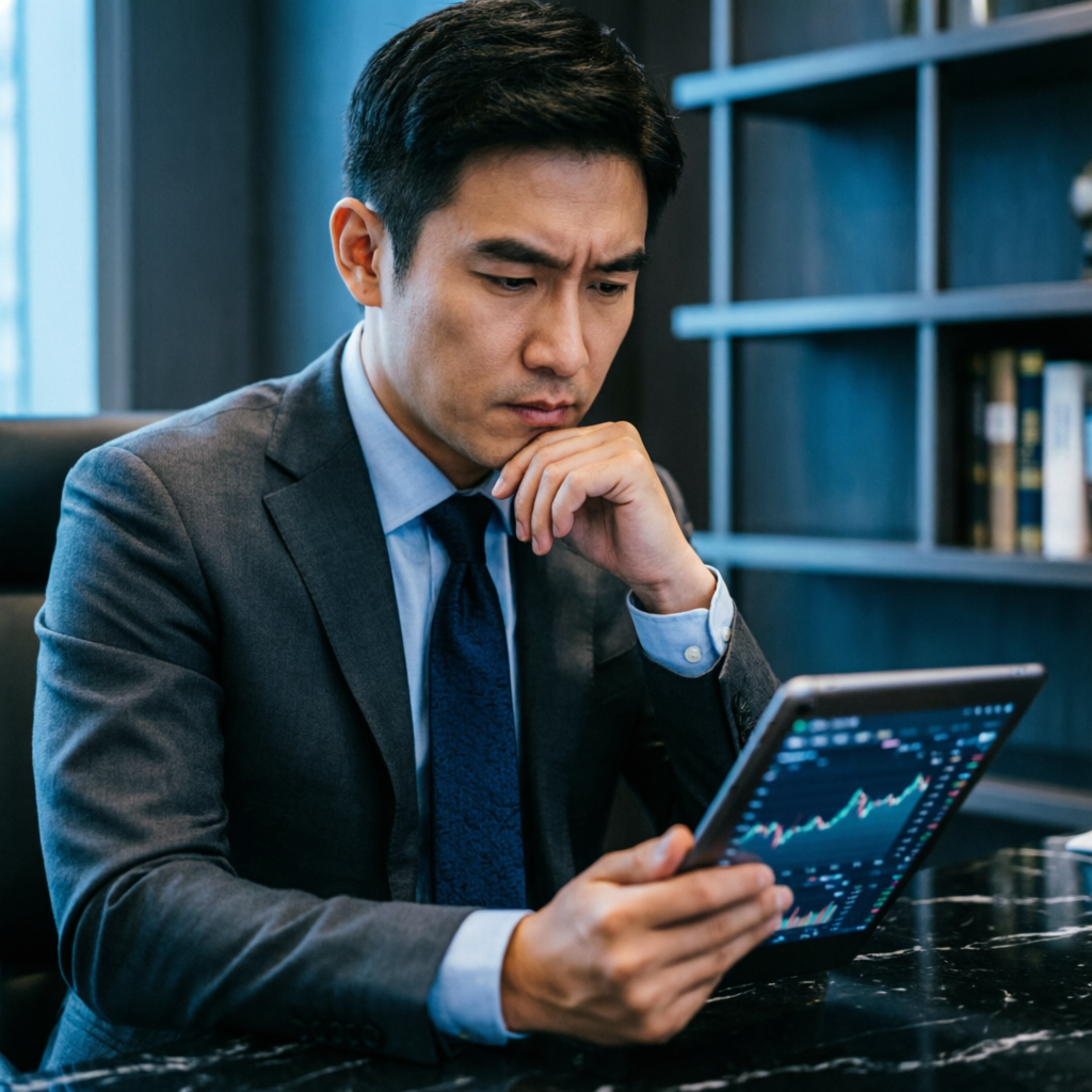 Professional analyst reviewing trading performance on tablet device