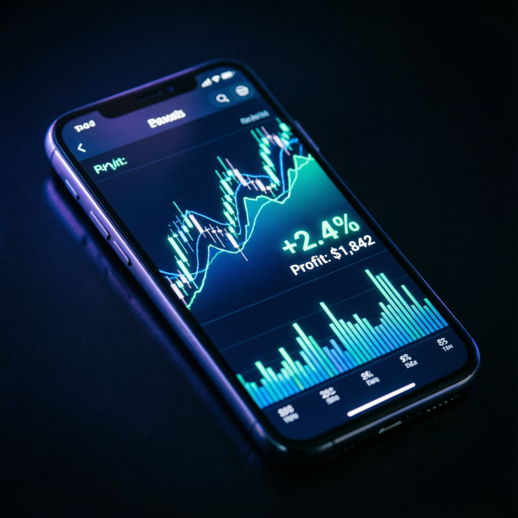 Mobile phone displaying forex trading app with profit charts