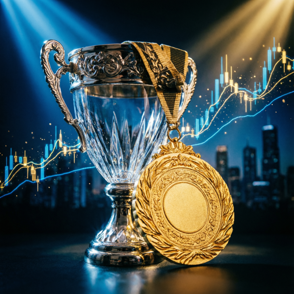 Trophy and gold medal celebrating prop firm challenge success