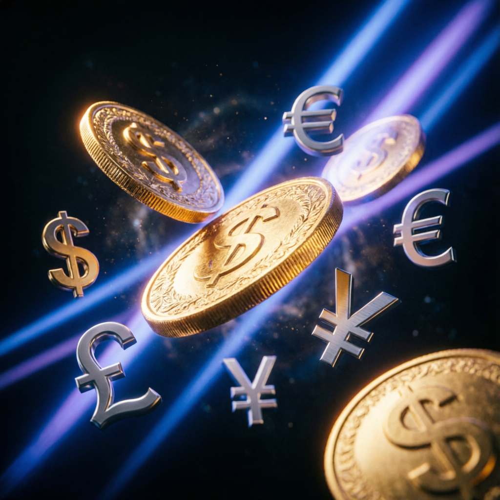 Global currency symbols and gold coins representing forex trading profits