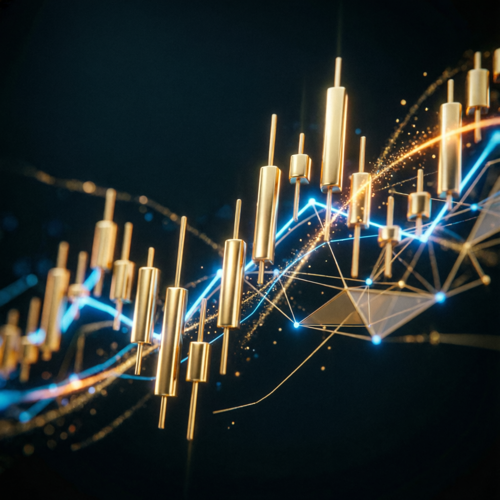 Golden candlestick chart showing consistent upward profit trajectory