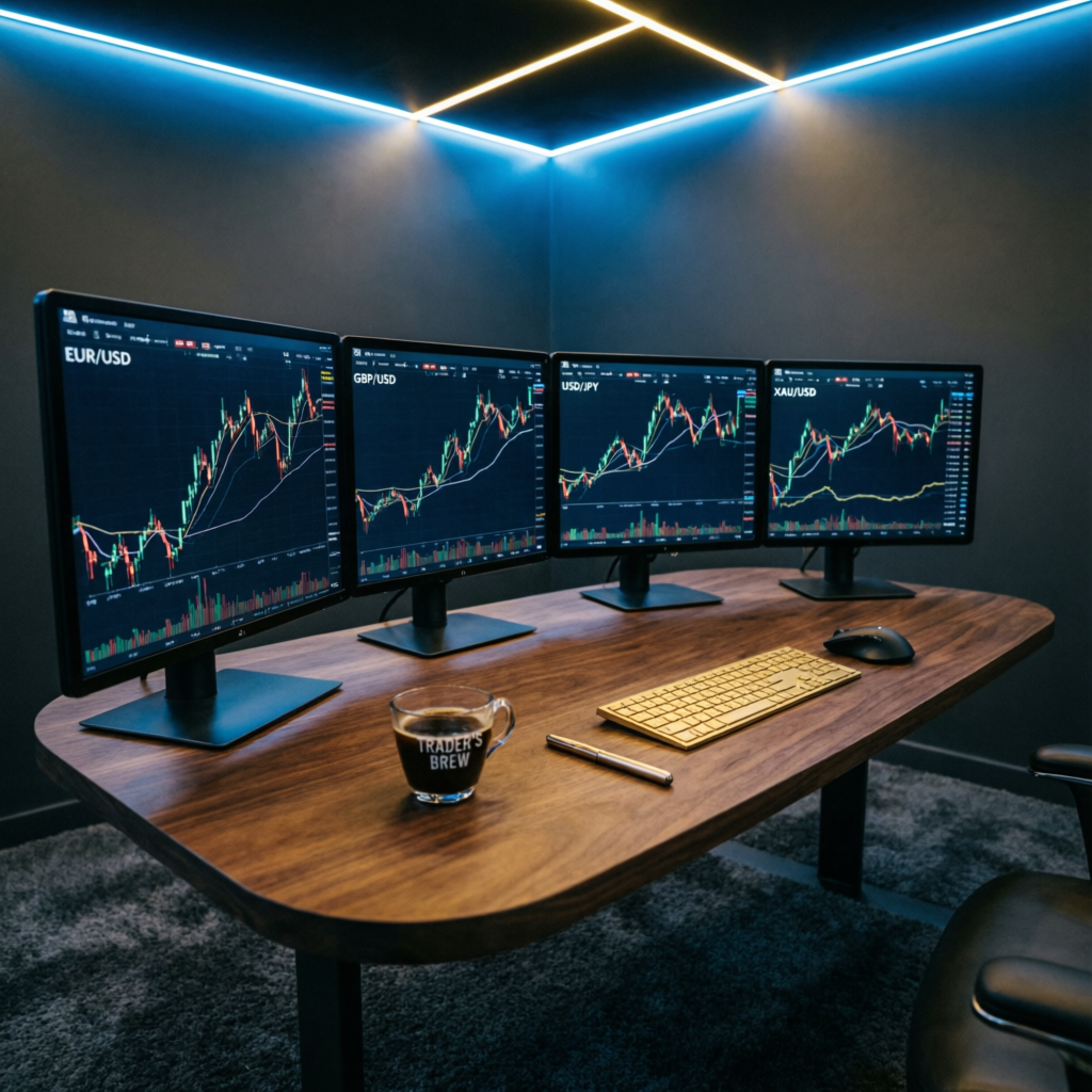 Luxury trading setup with multiple monitors showing forex charts