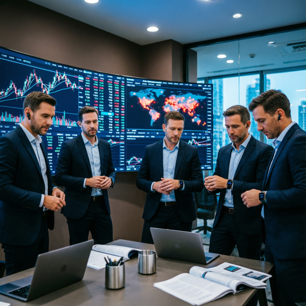 Professional team of financial analysts reviewing trading performance