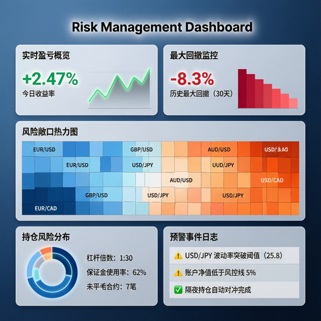 Risk management dashboard for forex trading showing drawdown and profit tracking
