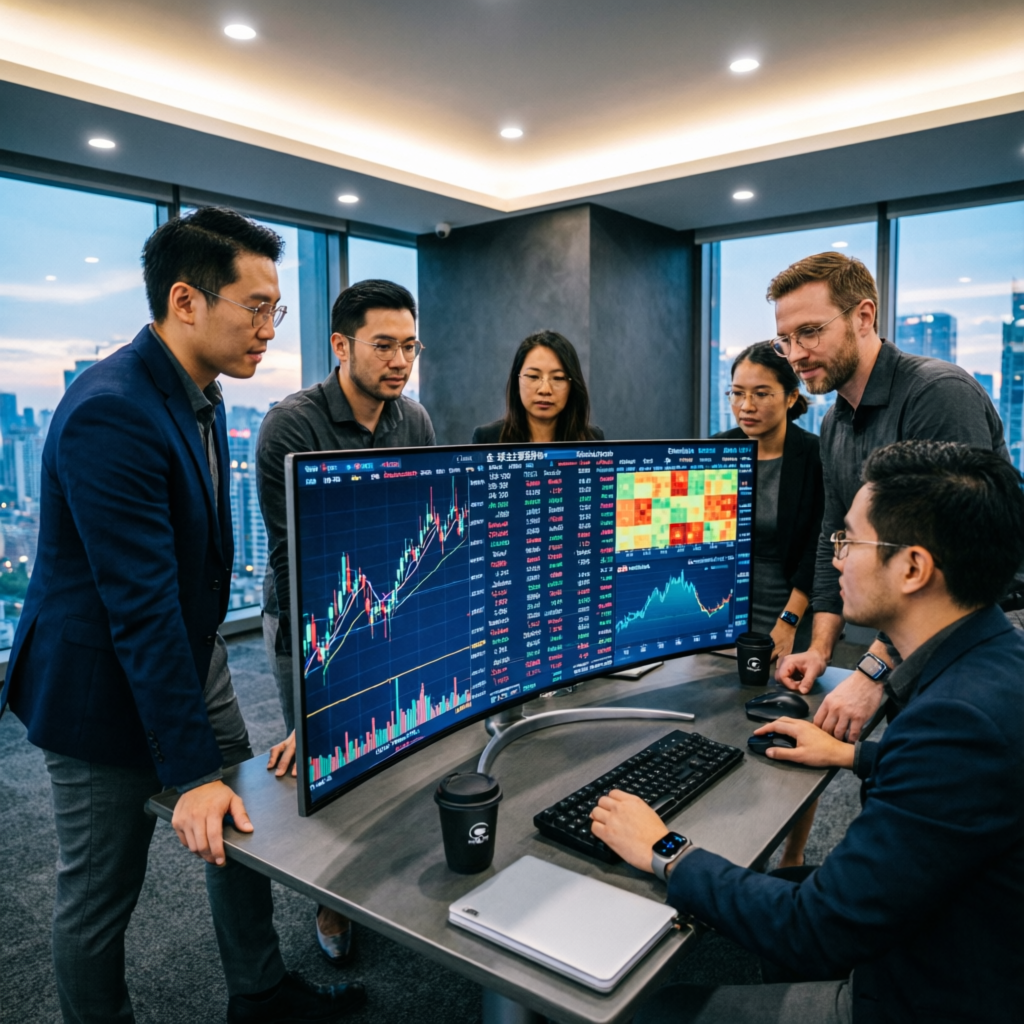 Professional trading support team analyzing forex market data
