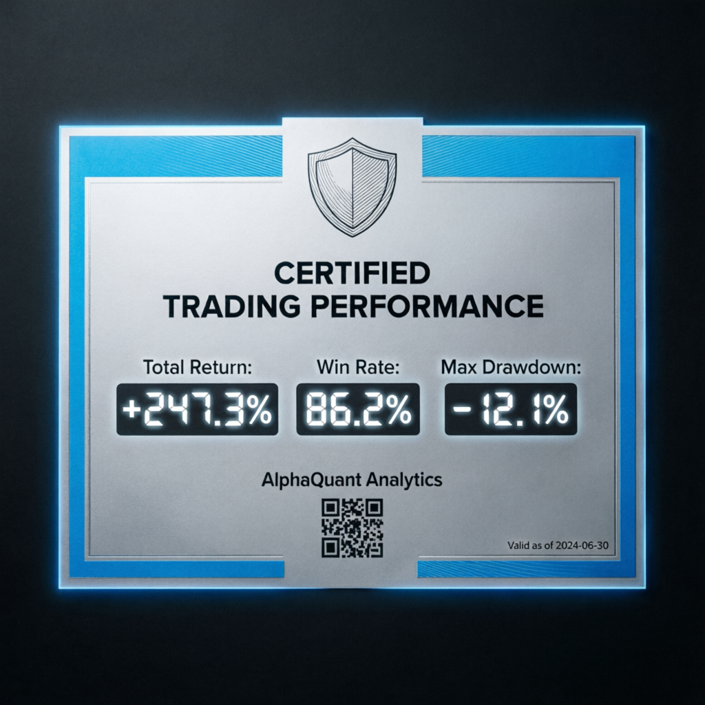 Certified trading performance certificate showing verified prop firm results