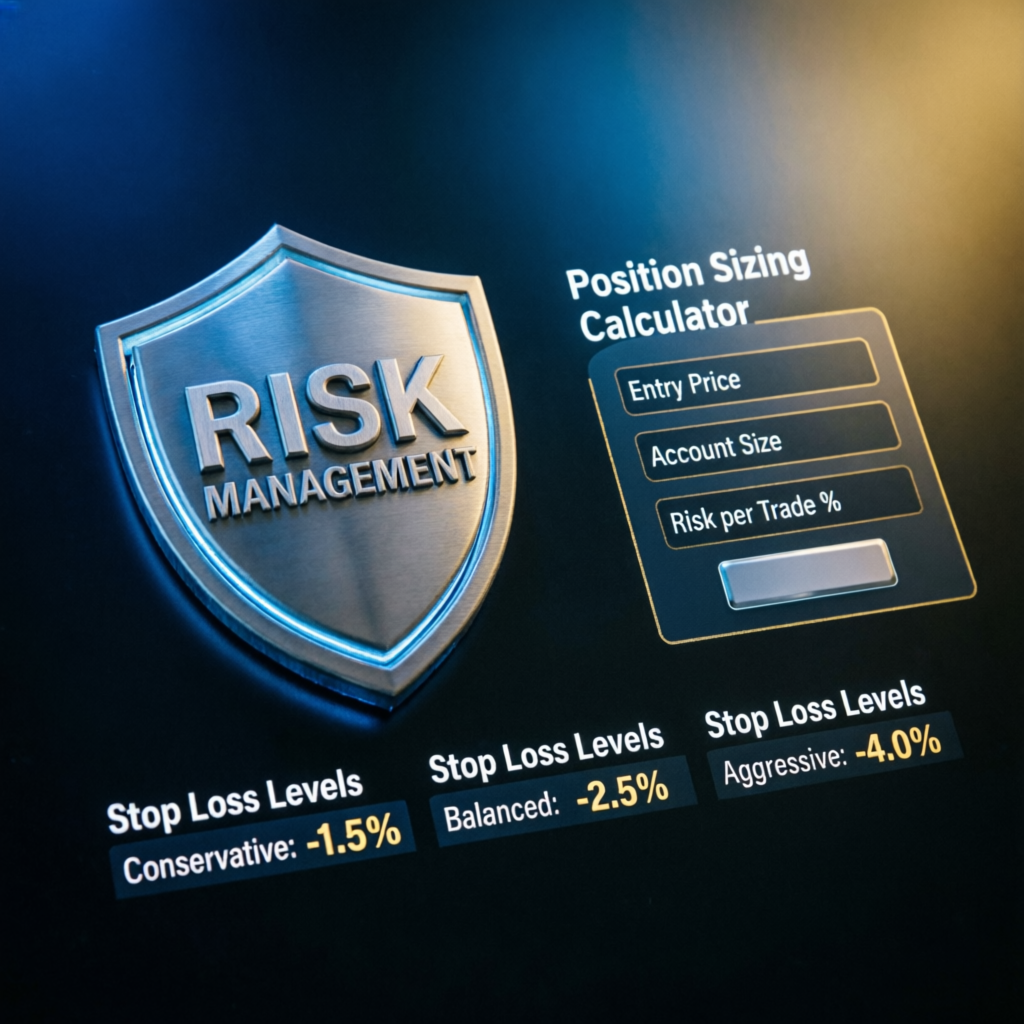 Risk management shield with position sizing calculator and stop loss levels