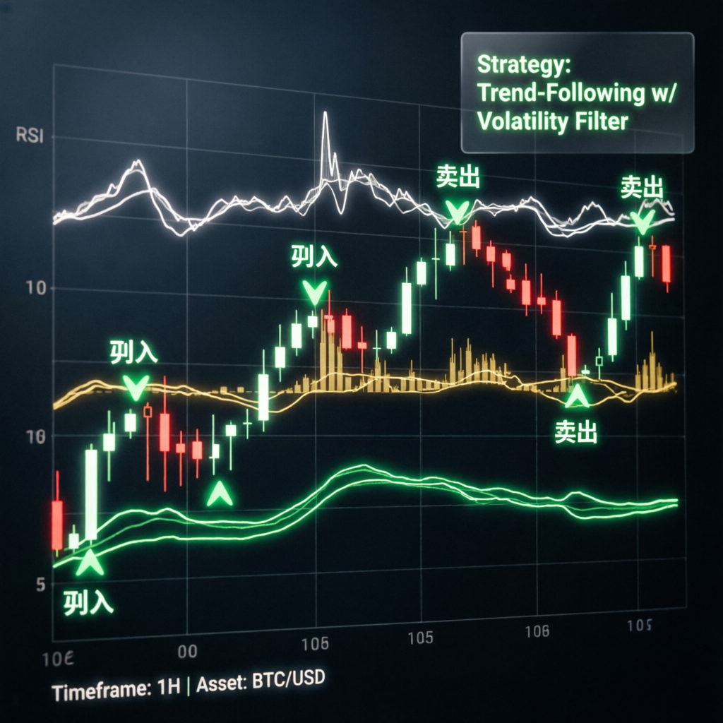 Professional trading strategy with entry and exit points on candlestick chart