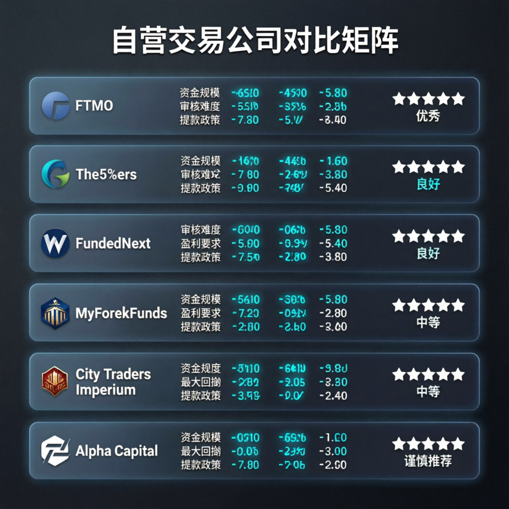 Prop firm comparison matrix showing Apex vs Topstep vs MyFundedFutures