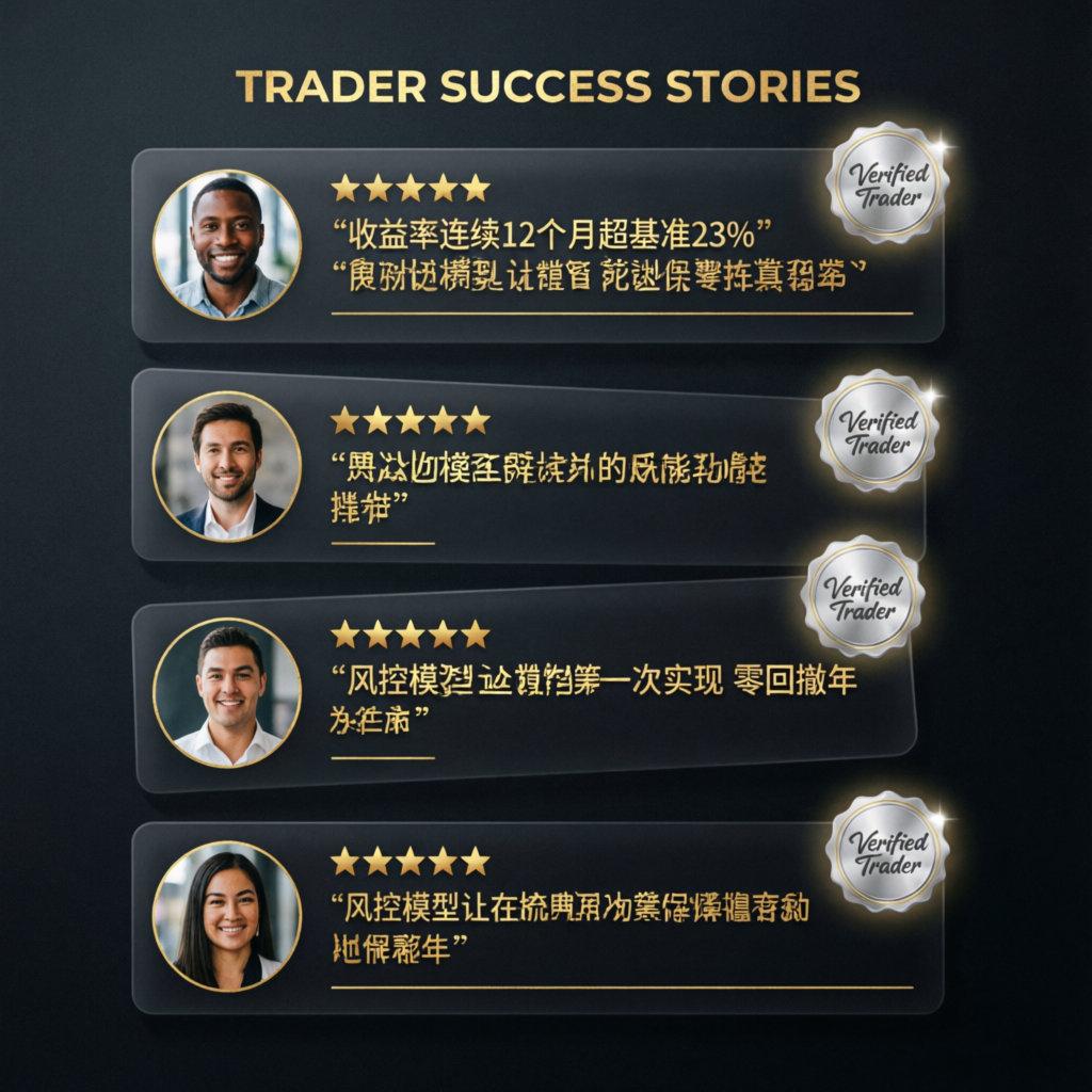 Trader success stories with verified badges and five star reviews
