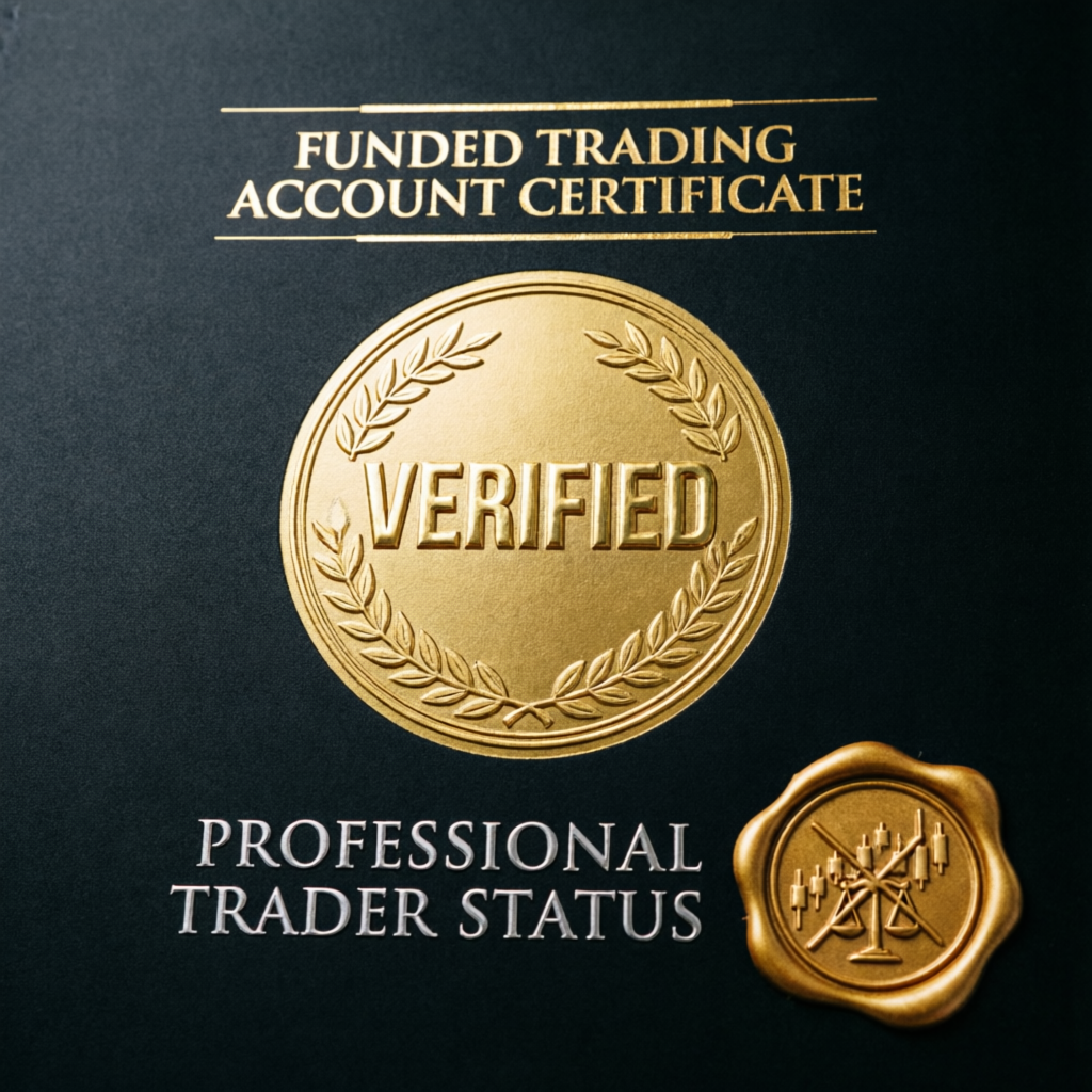 Verified funded trading account certificate with professional trader status