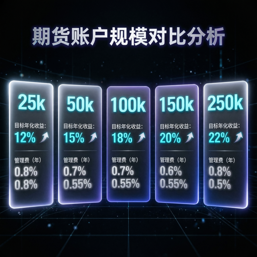 Apex Trader Funding account size comparison showing 25k 50k 100k 150k 250k options