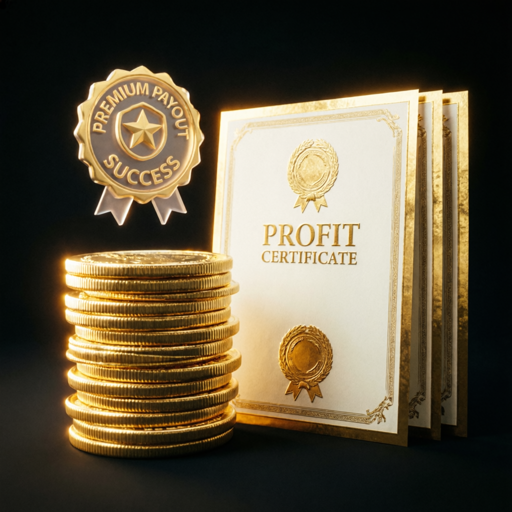Premium payout success with gold coins and profit certificates