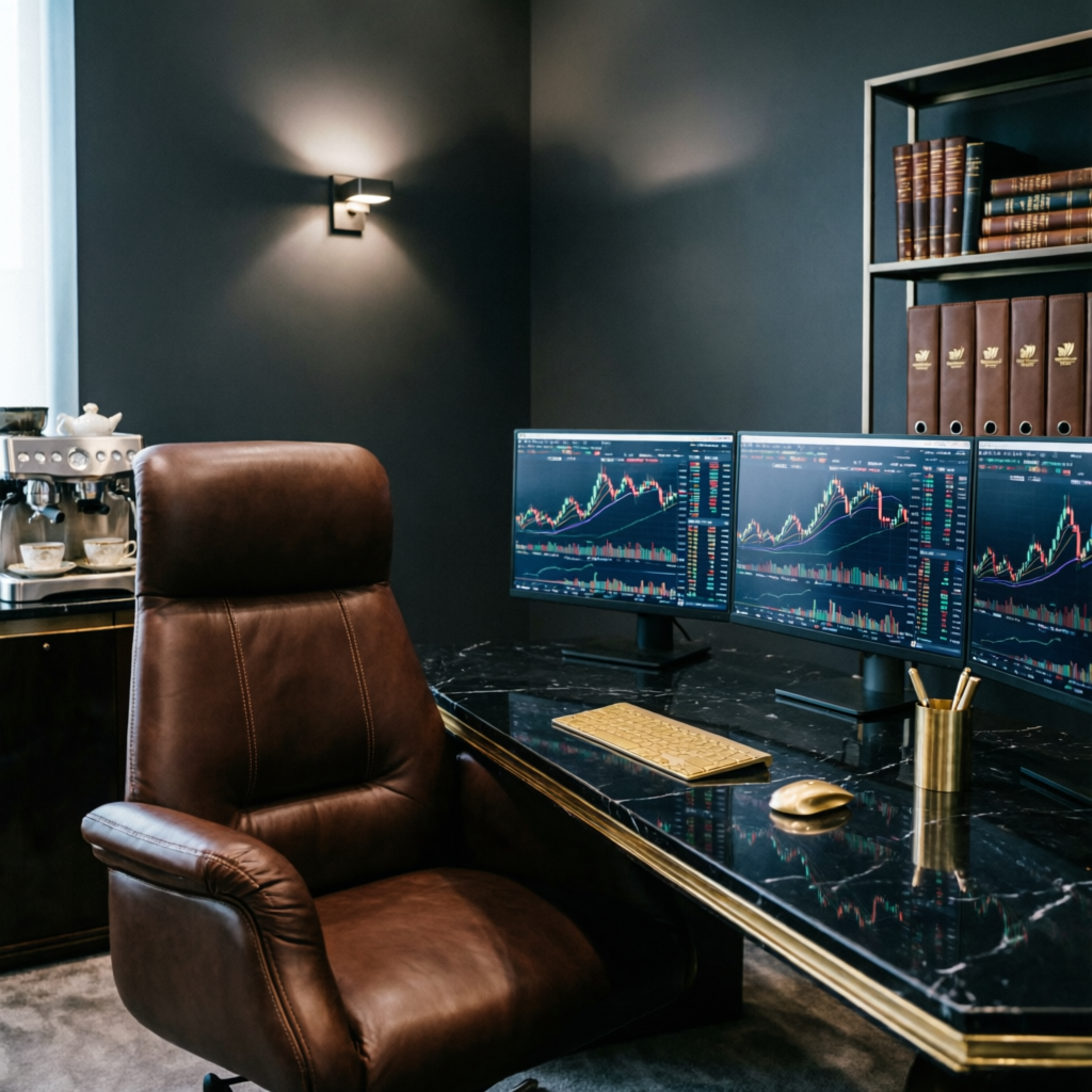 Luxury trading office with multiple monitors showing Apex Trader Funding charts