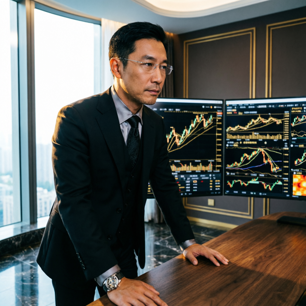Professional forex trader analyzing Apex Trader Funding charts in luxury office
