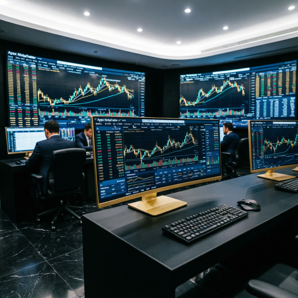 Professional trading floor with Apex NinjaTrader interfaces