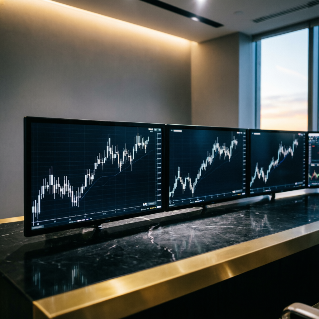 Premium trading desk with multiple monitors showing Apex Trader Funding charts