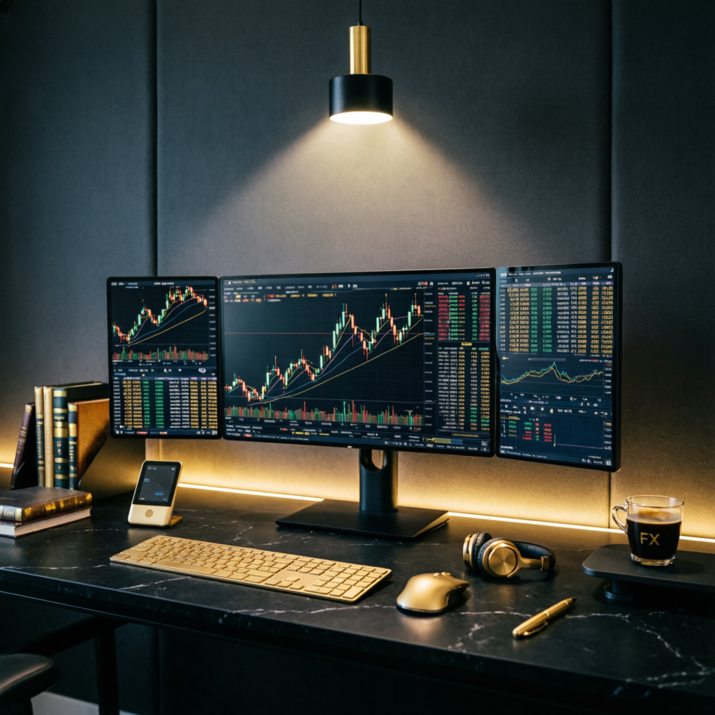 Professional forex trading setup with multiple monitors