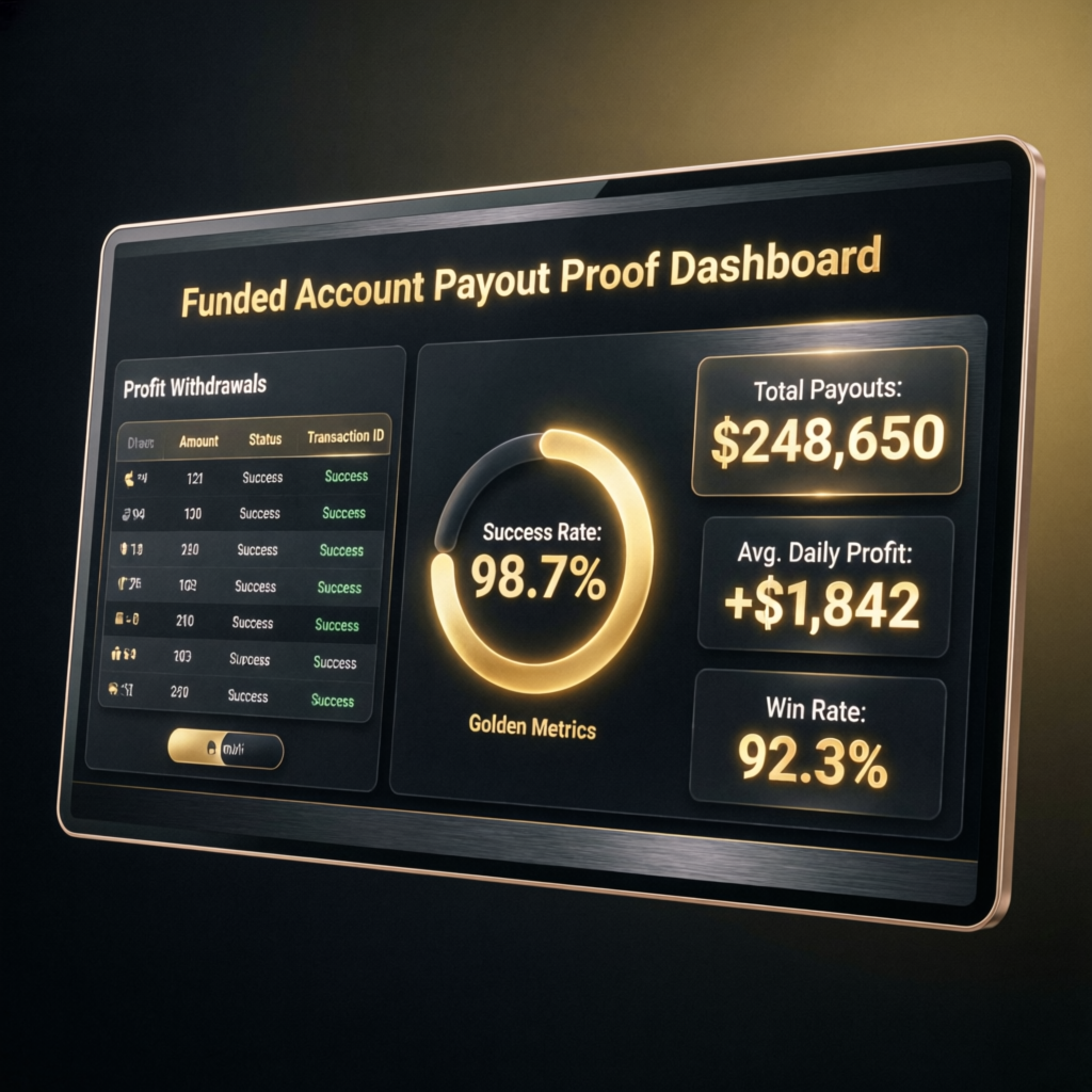 Funded account payout proof dashboard showing success metrics
