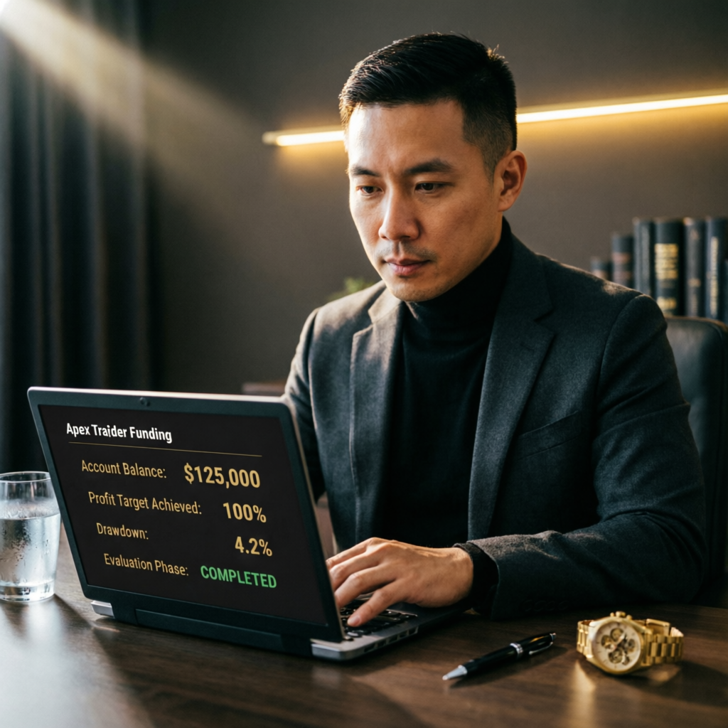 Professional trader reviewing Apex Trader Funding evaluation account completion