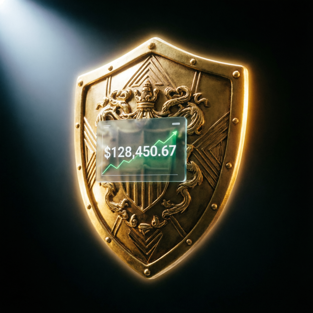 Golden shield protecting trading account representing risk management