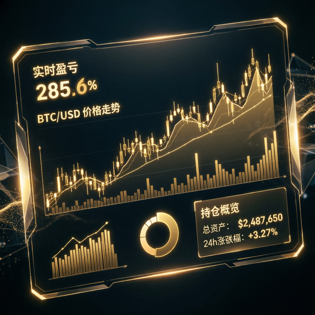 Futuristic trading dashboard with golden charts and statistics