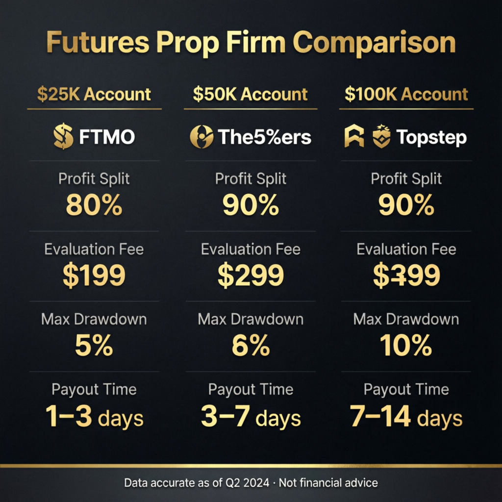 Futures prop firm comparison chart showing different account options