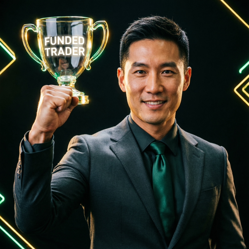 Professional trader celebrating funded trader achievement with trophy