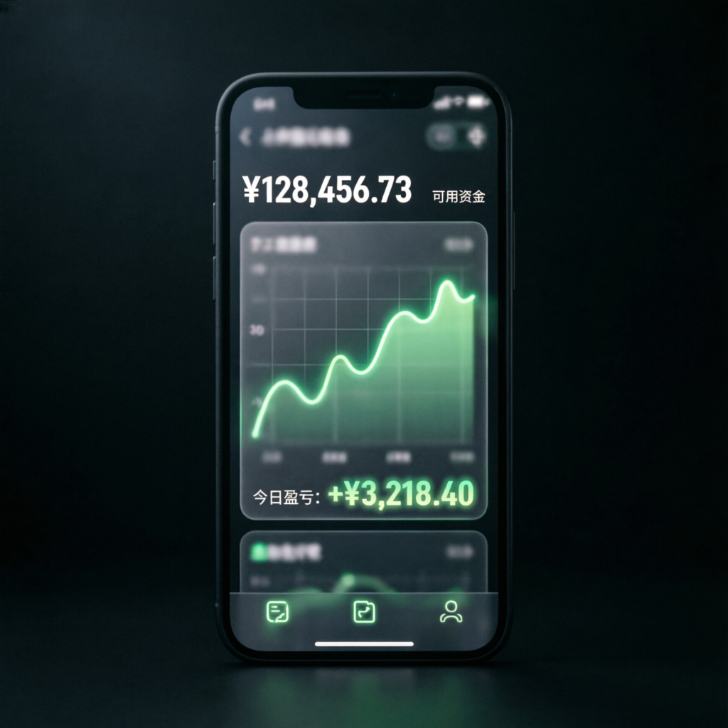 Mobile trading app showing profit charts and account balance