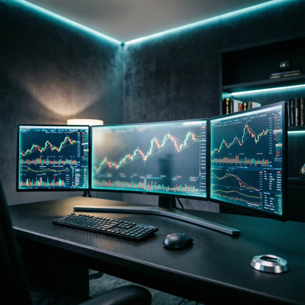 Premium trading workstation with multiple monitors showing futures charts