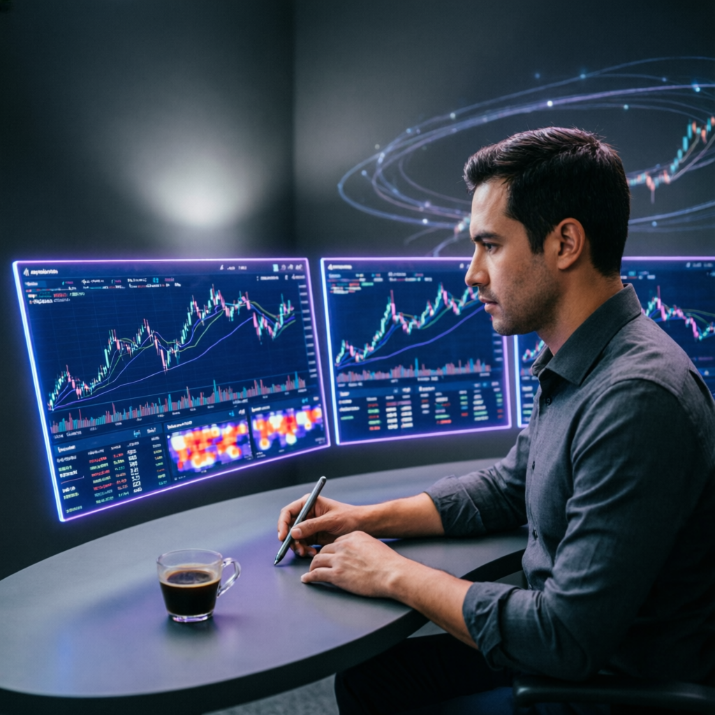 Professional trader analyzing multiple screens with trading algorithms