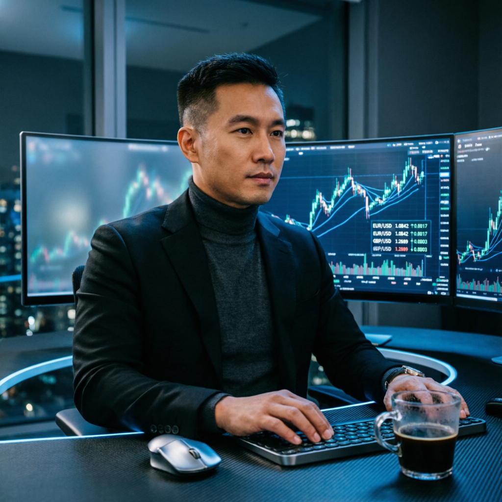 Professional forex trader at multi-monitor trading setup