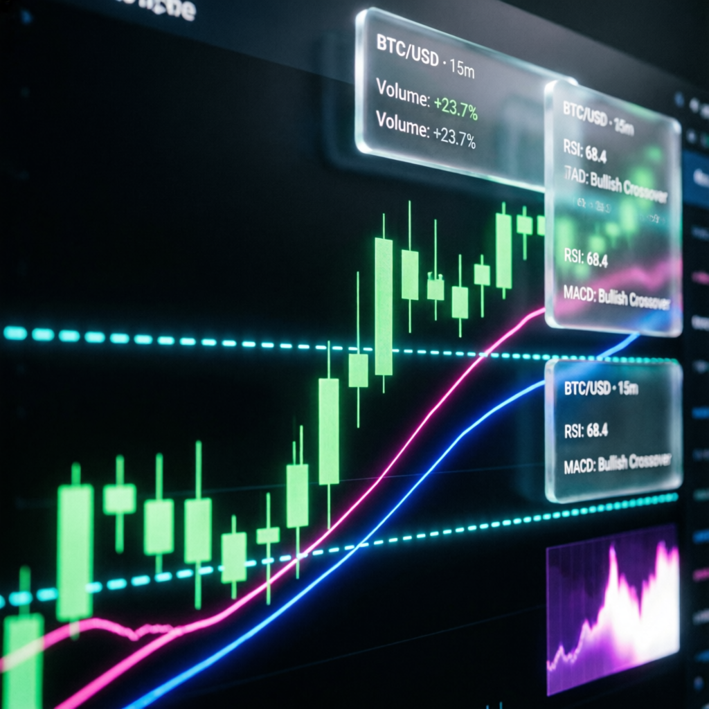Professional futures trading candlestick chart with technical indicators