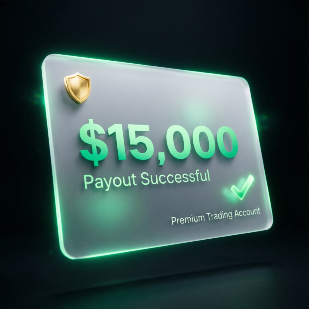 Premium trading payout success notification showing $15,000 profit withdrawal