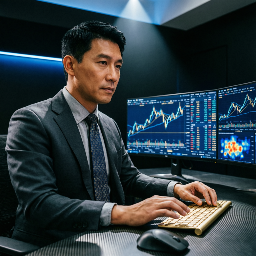 Professional forex trader analyzing Topstep Trading Combine strategies on multiple monitors